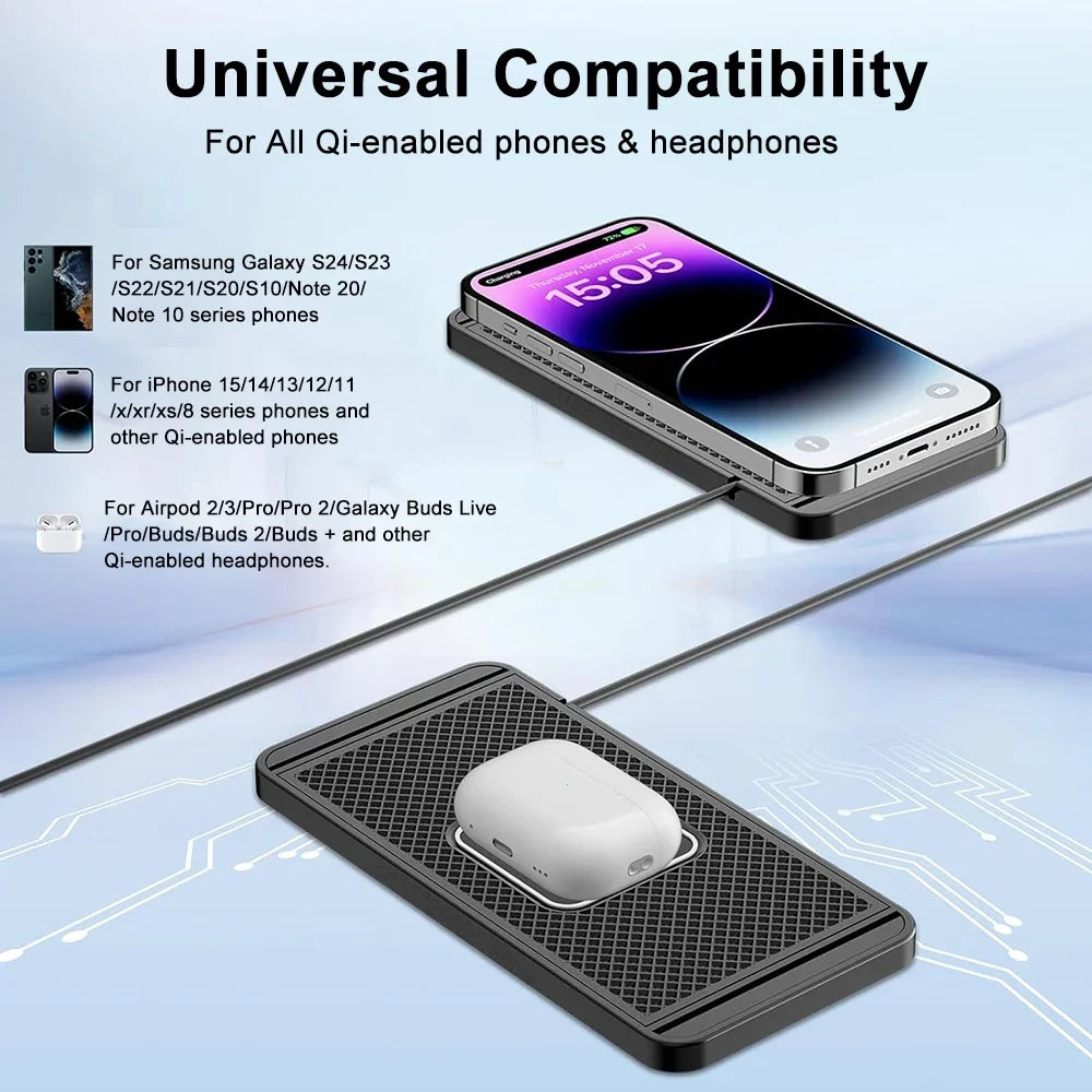 15W Fast Wireless Car Charger Pad - Anti-Slip