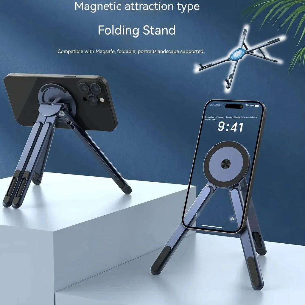 Portable Magnetic Phone Holder & Selfie Stick 3-in-1 Foldable Tripod Stand for iPhone iPad Tablet Laptop Desktop Use