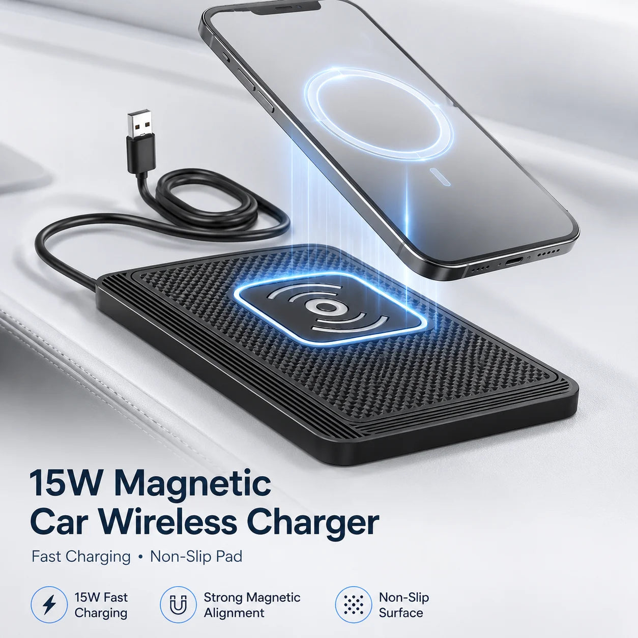 15W Fast Wireless Car Charger Pad - Anti-Slip